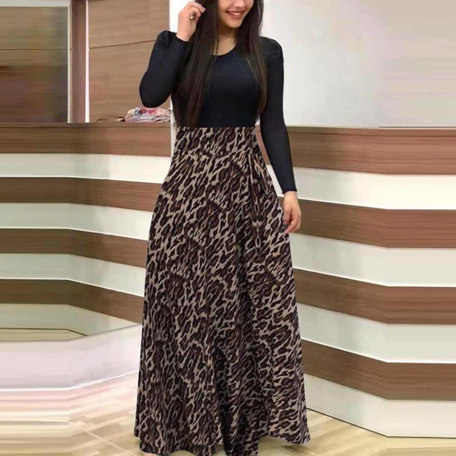 

Женское длинное платье с длинным рукавом, повседневное длинное платье с цветочным принтом, с круглым вырезом, в стиле пэчворк, длинное плать...