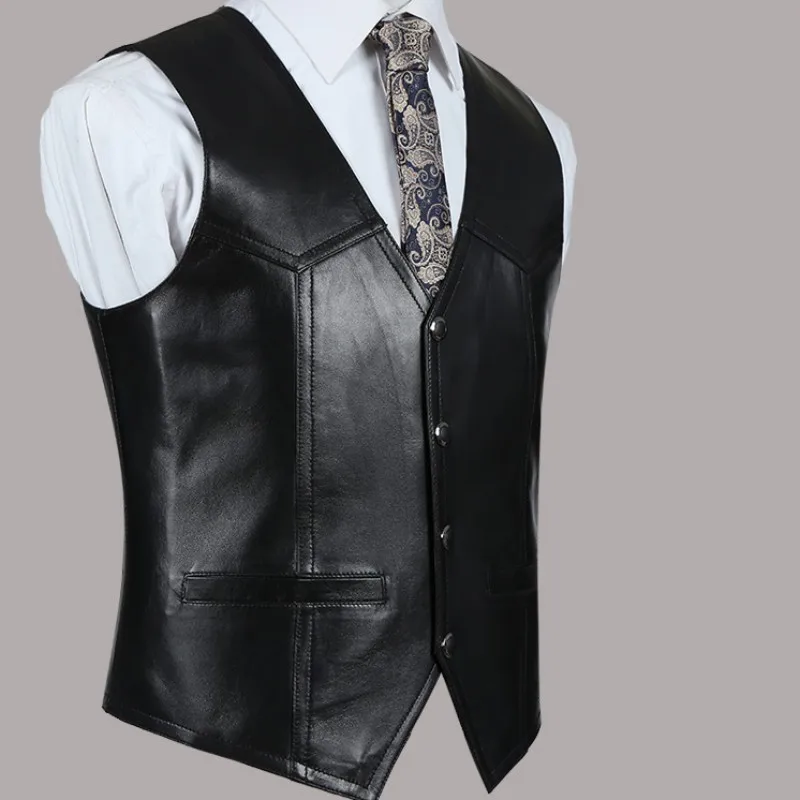 

Brand Genuine Leather Luxury Sheepskin Vest Men Brown Business Jacket Sleeveless Waistcoat Spring Motorcycle Vest Male Suit Vest
