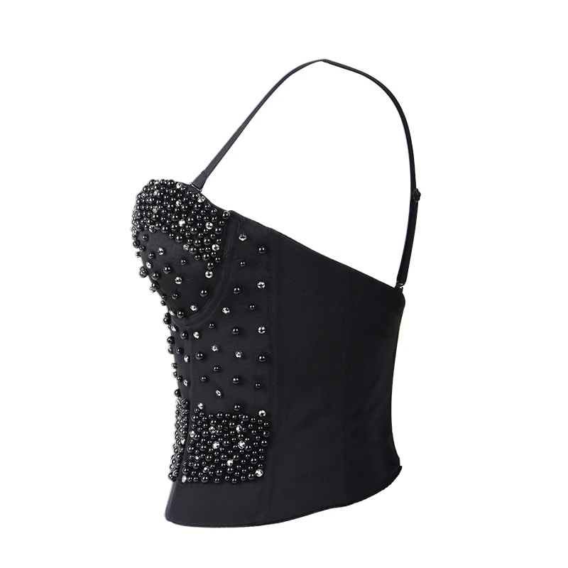 Женский бюстгальтер ручной работы черный блестящий со стразами вечерние Корсеты