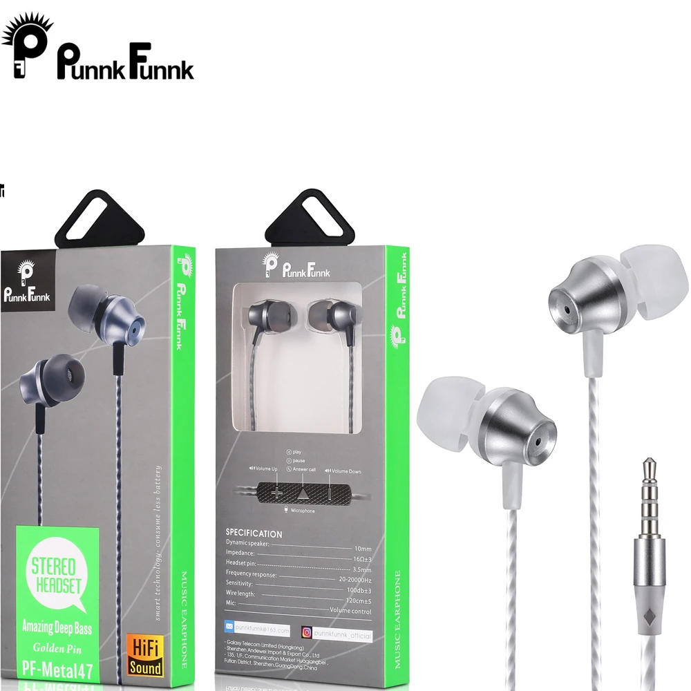 Silve Metal Original PunnkFunnk Бас Звук Наушники-вкладыши спортивные наушники с микрофоном для xiaomi iPhone samsung гарнитура fone de ouvido auriculares - Цвет: Silve Metal Original