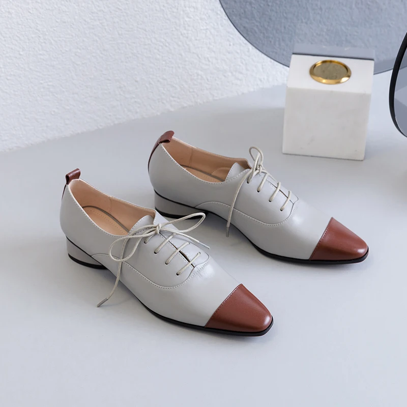 women pumps Natural leather 22-24.5cm Colorblock English Leather Shoes Inside and outside full womens shoes pointed toe | Обувь