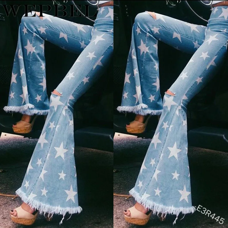 

Mandylandy Women Long Hole Denim Jeans Star Printed Ripped Flare Pants with Tassel Streetwear Female Casual Bell-bottom Jean