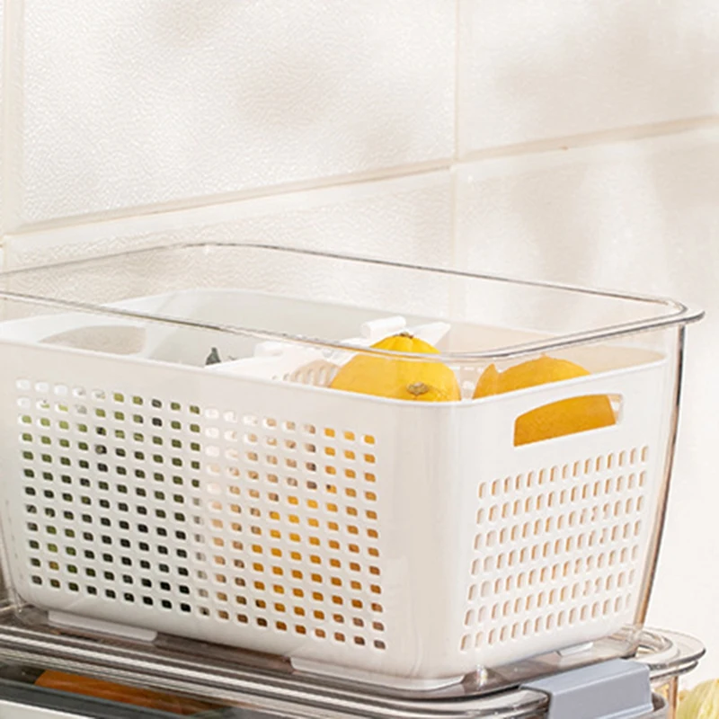 

Drain Basket Food Fresh-Keeping Storage Box Plastic Wash Fruit and Vegetable Drain Basket Refrigerator Organizer
