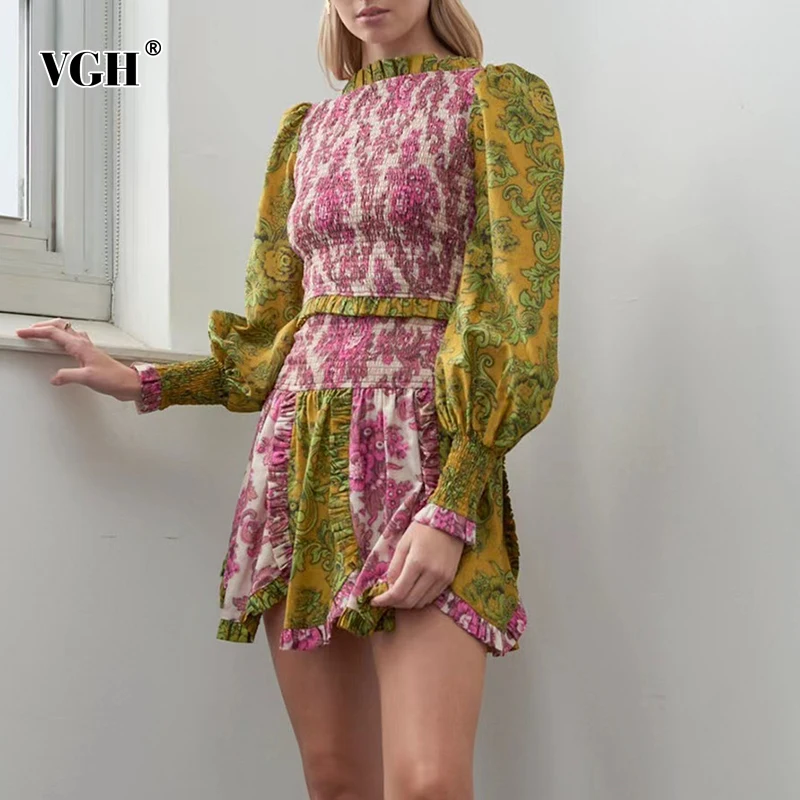 

VGH Vintage Print Two Piece Set For Women O Neck Lantern Long Sleeve Ruched Top High Waist A Line Mini Skirt Slim Sets Females