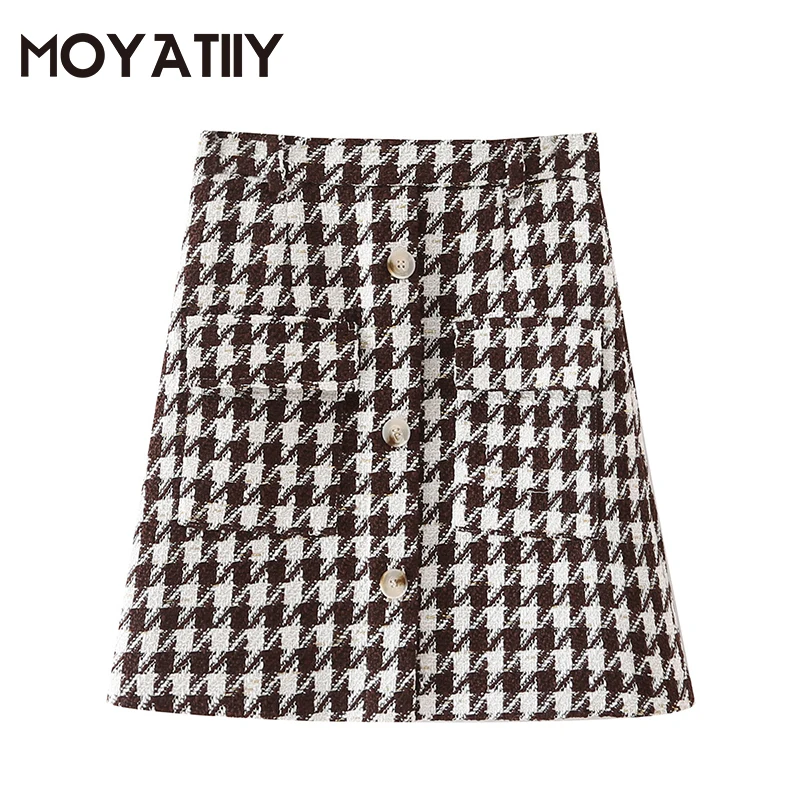 

MOYATIIY Fashion Women 2021 Autumn Hip Sort Skirt Office Lady Houndstooth Plaid Highstreet Skirts Female Buttoms with Belt New
