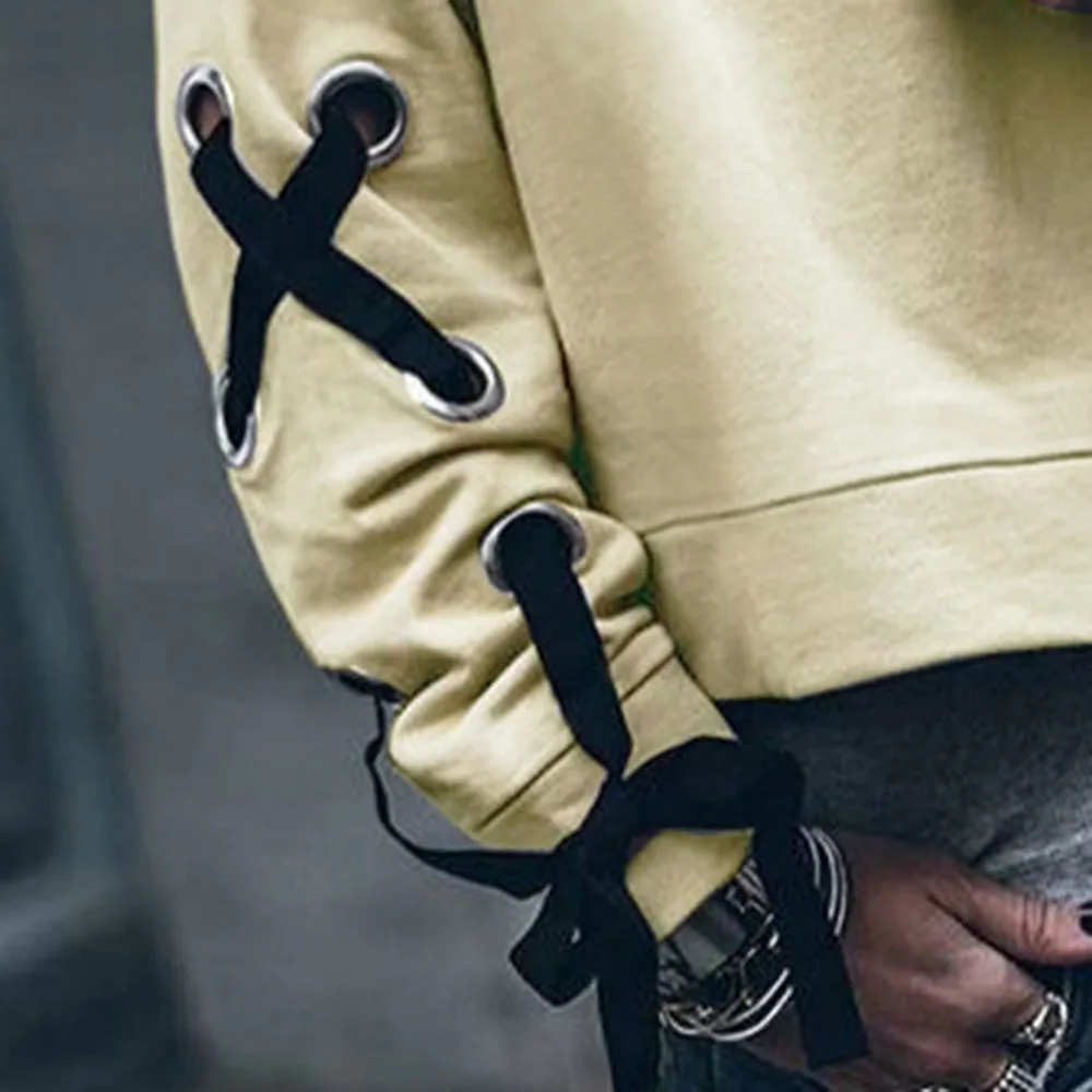 Осенние женские толстовки 2019 Корейская шнуровка простая длинный рукав короткая