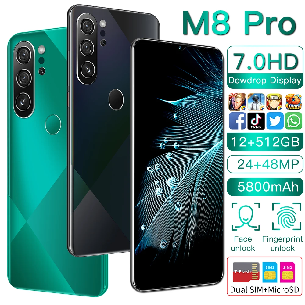 

M8 Pro 7.0HD Dewdrop Display Face Unlock Smartphone Android 10 5G Unlocked Cell Phones Dual Card Dual Standby Featured Phone