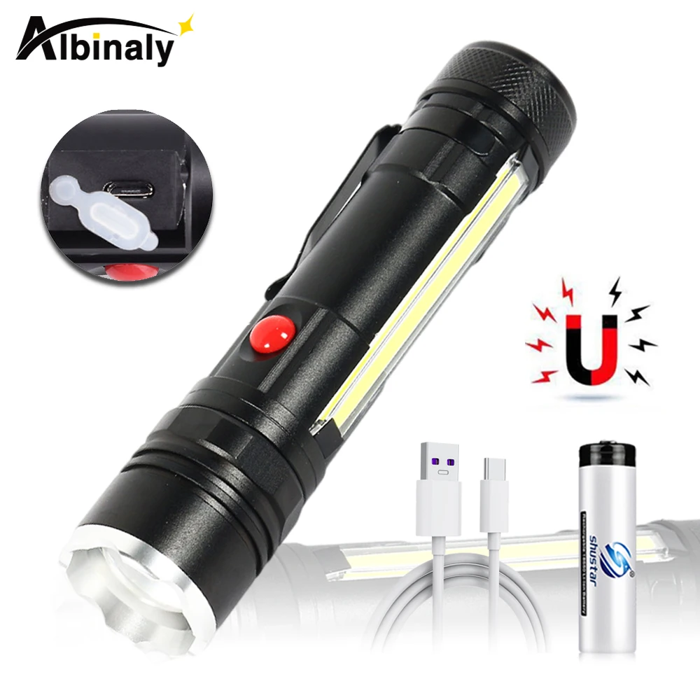 

Super Bright LED Flashlight T6+COB Waterproof Torch with Magnet COB Work Light 18650 USB Fishing Lantern Zoomable Flash Light
