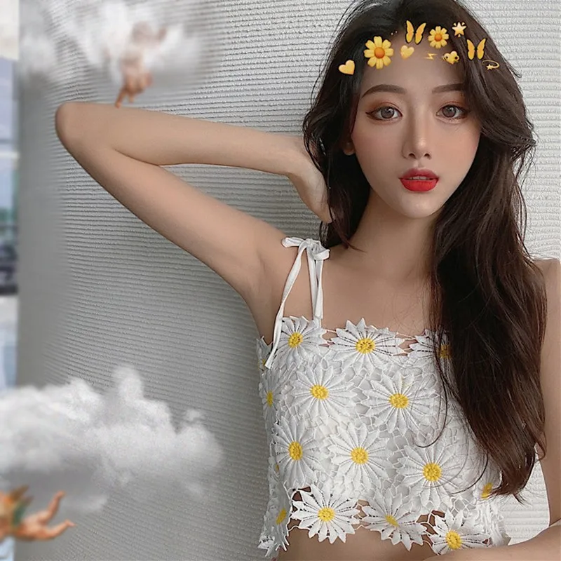 

Jlong Sweet Flower Lace Tank Top Summer Boho Style Vest Tops Women Slim Camisole