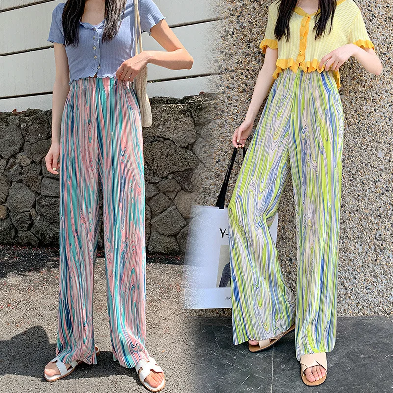 

Spring Summer Wide-leg Pants Women's Flow Color Printing Pleated Pants Mopping Floor High Waist Drape Loose Straight Cool Pants