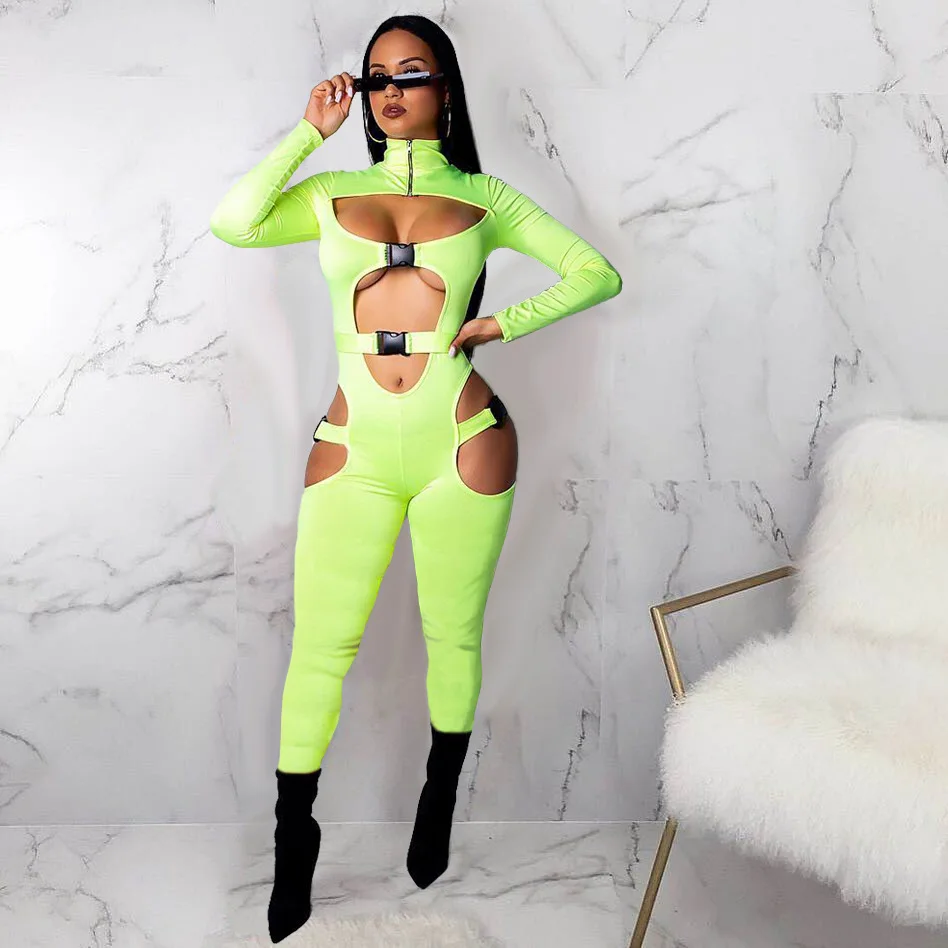 Женский спортивный комбинезон на молнии неоновый с воротником-стойкой и