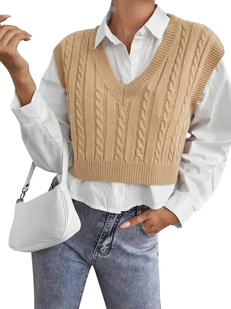 

Women'S Autumn New Style V-Neck Pin Vest Solid Color Twisted College Style Sleeveless Knitted Vest