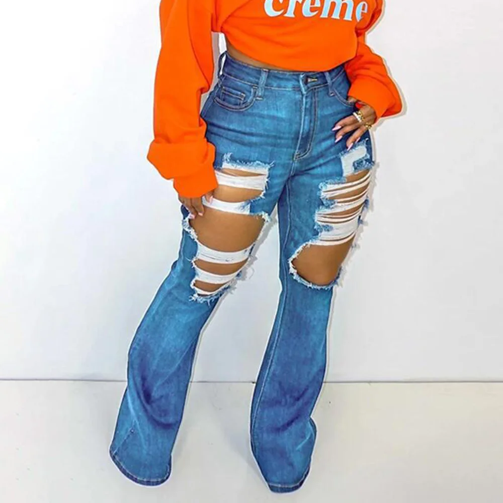 

Женские осенние джинсы, модные трендовые пикантные облегающие брюки-клеш с карманами, дырками и начесом, 2021