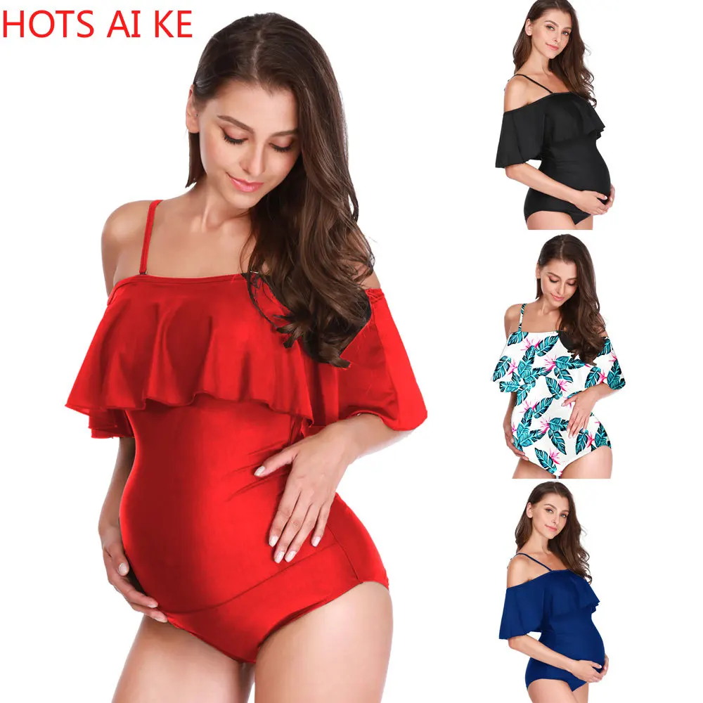 

2021 New Solid Black Pregnant Off Shoulder Swimsuit Maternity Large Size 5XL Flounced Swimwear Print Green Leaf Bathing Suit