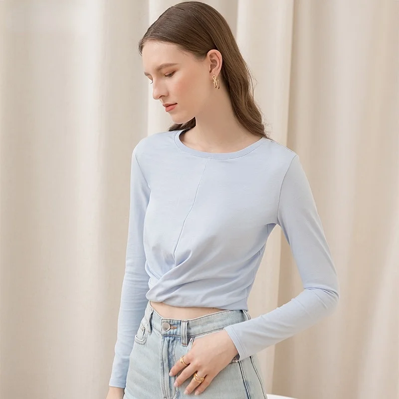 

Donsignet Autumn New 100% Cotton Women Fashion Tops Bottoming Solid Long Sleeve O Neck Back To The Basics T Shirt for Women