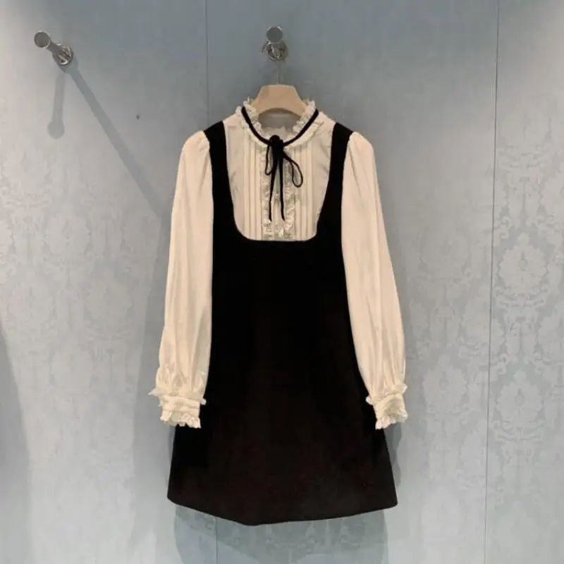 

Женское шифоновое платье-трапеция, элегантное милое черно-белое шифоновое платье с длинными рукавами и бантом на шнуровке, повседневная од...