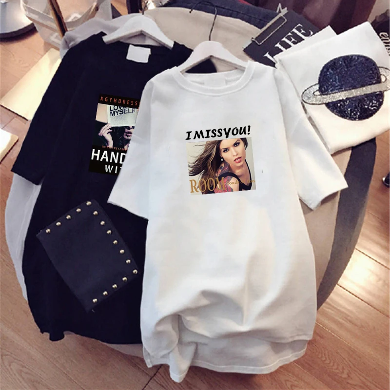 

Women Sundress Character Modern Print o Neck Plus Size Casual Loose Long t Shirt Streetwear Vestido Mujer White Black
