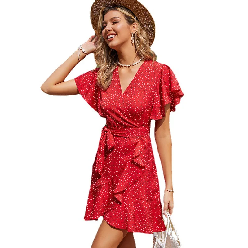 

Summer elegant retro red printed V-neck dress female short-sleeved slim chiffon beach mini dress womens Ruffles dress vestido