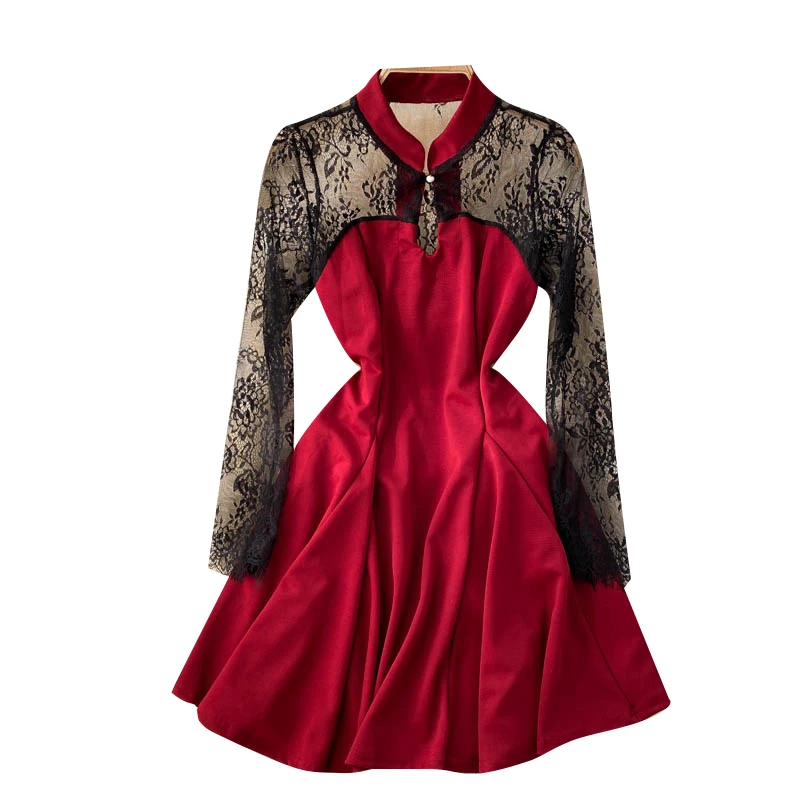 

Women Korean Short Dress Splice Lace Long Sleeve Stand Collar Solid A-line Dresses Autumn Fashion Streetwear Dress