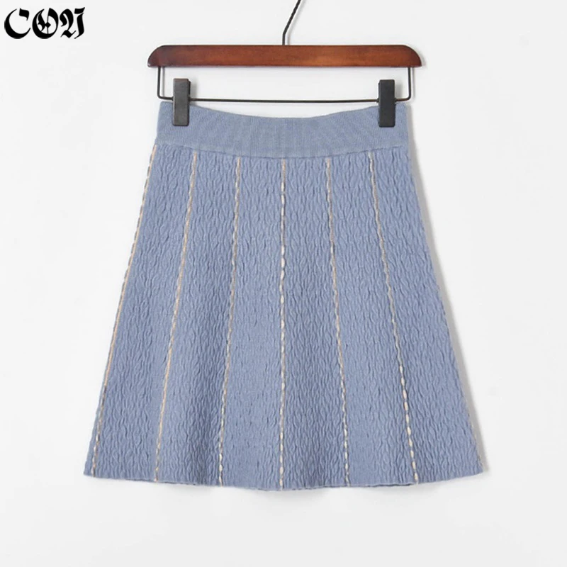 

CON Women Stretchy Striped Knitted Skirt Spring Autumn Lady A-Line Skirt