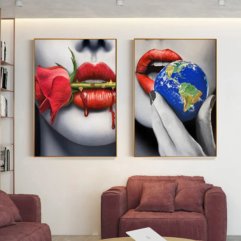 

New Red Sexy Lips Dollar Picture Canvas Painting Figure Poster Wall Art for Living Room Home Decor Bedroom Decoration Paintings
