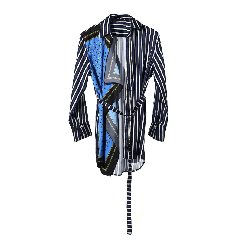 

Loose Fit Shirt Fashion Spring Autumn 2021 Women Blue Striped Asymmetrical Big Size Blouse New Lapel Long Sleeve