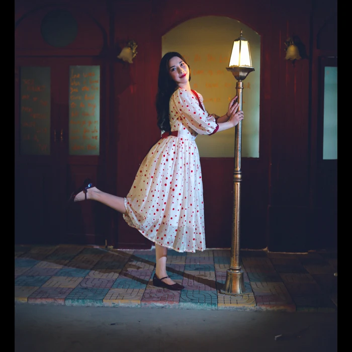 

2020 New Arrival Office Lady A-line Dot Bow Mid-calf Lantern Sleeve Natural Peter Pan Collar Summer Dress