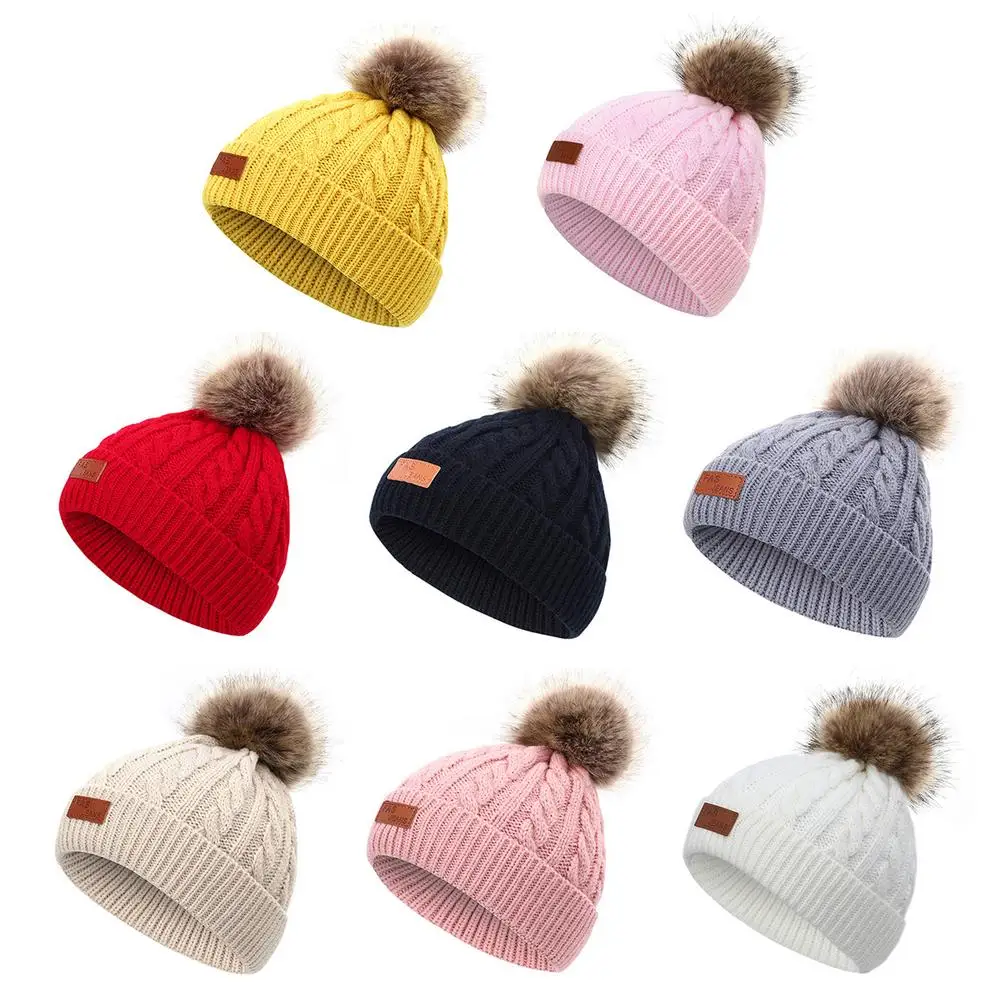 

Kids Beanie Cap Soft Warm Knitted Thick Twist Cap With Pompom Winter Leisure Hat Dome Curling Ski Cap Cold Weather For Many Chil