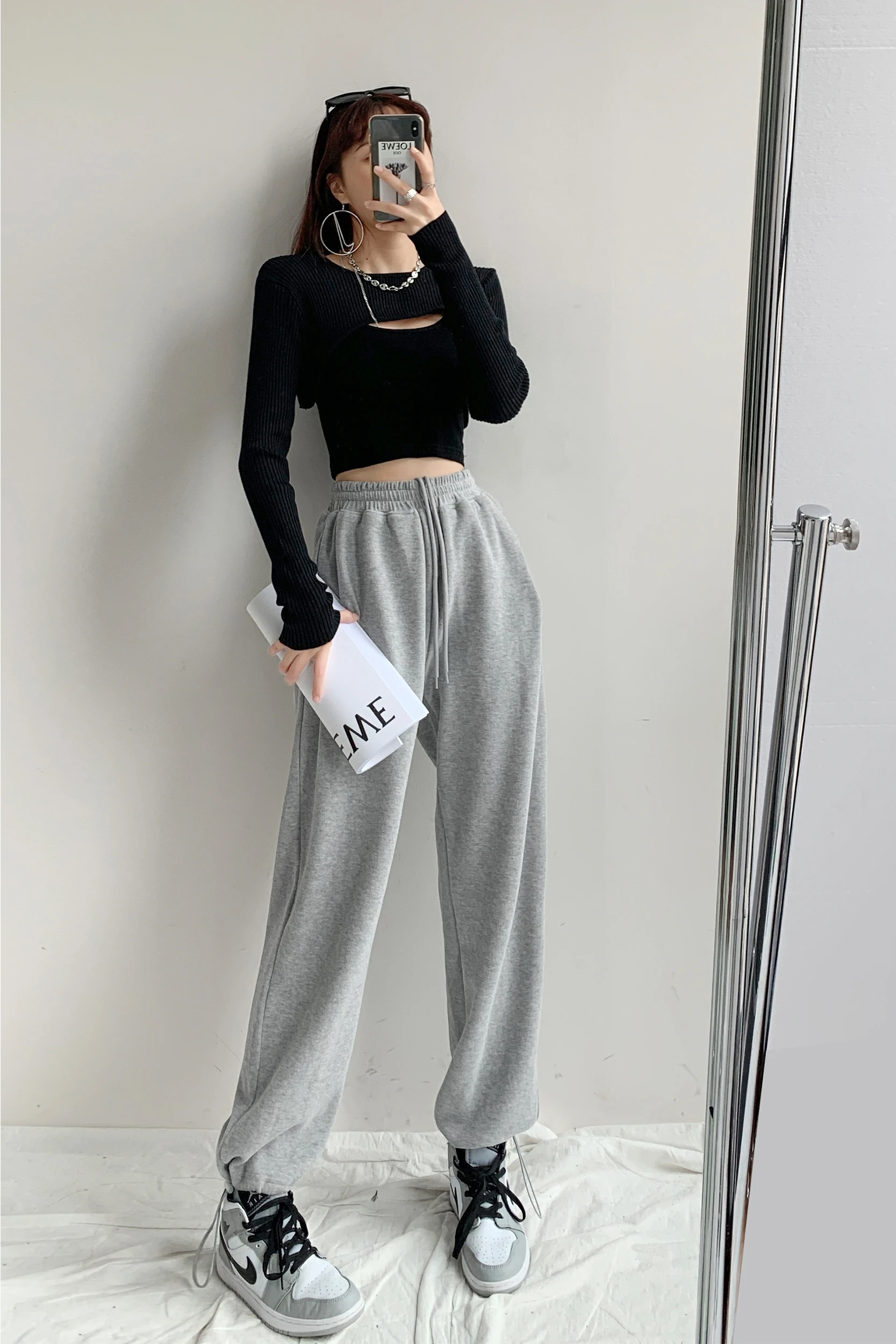 

trendy grey loose straight pants women's spring and autumn versatile drawstring legged pants casual wide leg guard pants