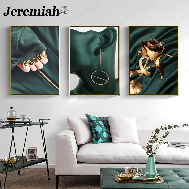 

Fashion Green Theme Canvas Painting Modern Jewelry Golden Flower Wall Art Nordic Home Living Room Decoration Accessories