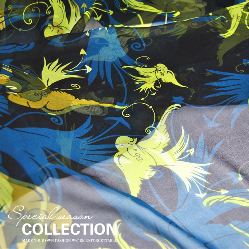 Silk Georgette Chiffon Fabric Dress Yellow Bird 100%   Spring and Summer Thin Transparent Skirt Scarf  DIY Patchwork Tissue