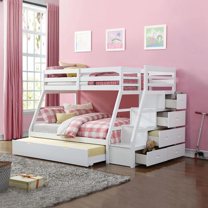 

Safe and Sturdy Fashion Children Bunk Bed Food Pine Wood with Ladder Stairs Lower Storage Drawer White Armrest Bunk Bed