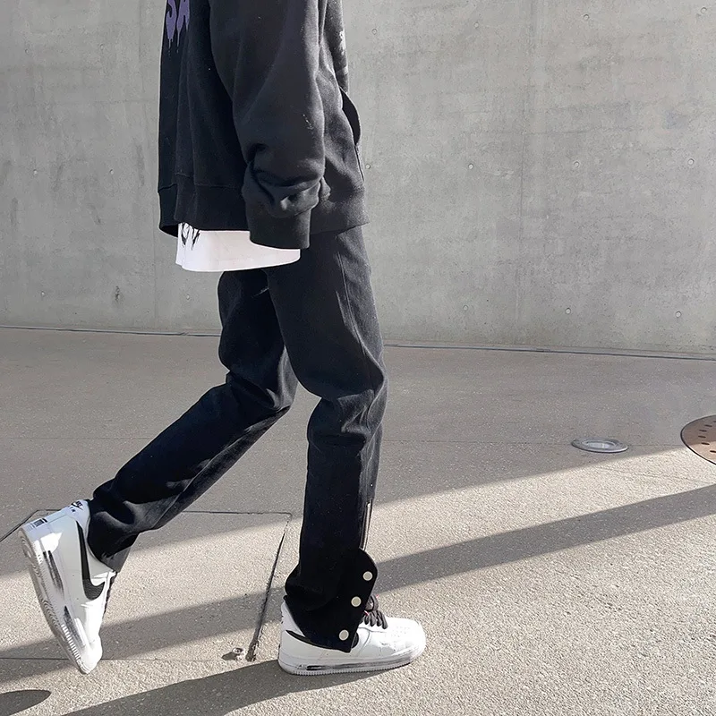 Straight Jeans Men Spring Boyfriend Jeans Streetwear Skinny Cacual Designer Button Denim Pants Hiphop High Street Zipper Trouser