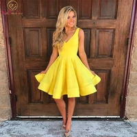 walk beside you yellow satin a line prom dresses 2022 short deep v neck sleeveless evening party gowns cheap simple graduation