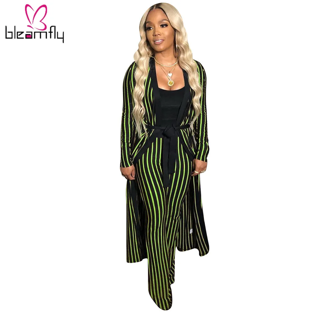 Новинка 2019 Осень-зима женское длинное пальто в полоску с принтом прямые брюки