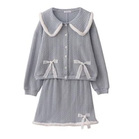 vintage cable knit cardigan sweater women winter lolita sweet coat skirt outfit plush collar kawaii button down two piece sets