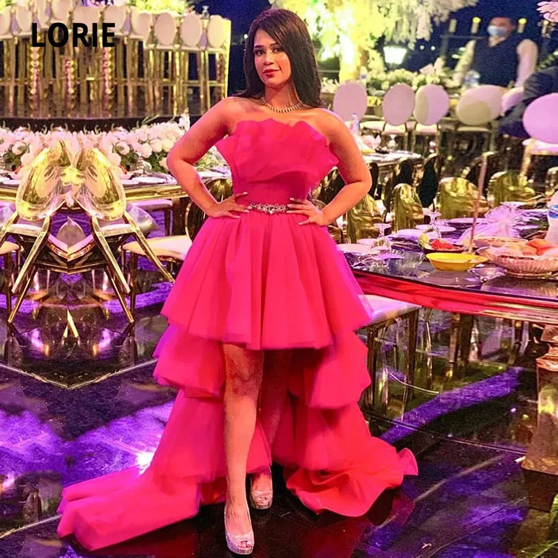 

LORIE High Low Evening Dresses Strapless A-Line Tulle Red Short Front Long Back Girl Prom Party Gown for Graduation