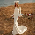Женское атласное платье с юбкой годе, Простое Элегантное свадебное платье с длинным рукавом, открытой спиной и шлейфом, 2021