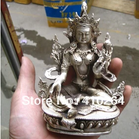 Бесплатная доставка Элегантная высота 15 см зеленый Тара Будда серебряная статуя