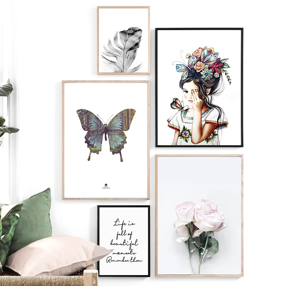 

Картина на стену в скандинавском стиле с изображением девушек, цветов, бабочек, перьев, цитатой, HD, настенные картины для декора гостиной