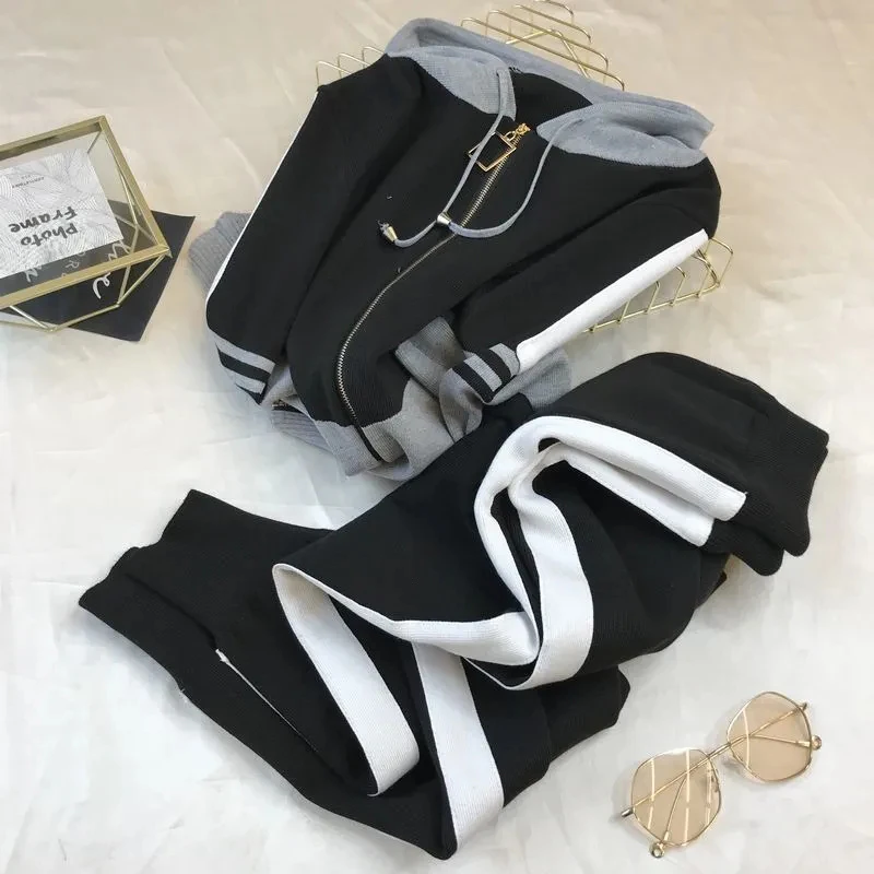 

New Knitted Long-sleeved Oversized Hoodie Slimming Casual Pants Two-piece Suits Autumn For Women 2021 Fashion Women's Sweatshirt