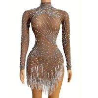 sparkly embellished beaded tassel women mini dress inlaid diamond evening prom outfit bar nightclub stage wear drag queen 2022