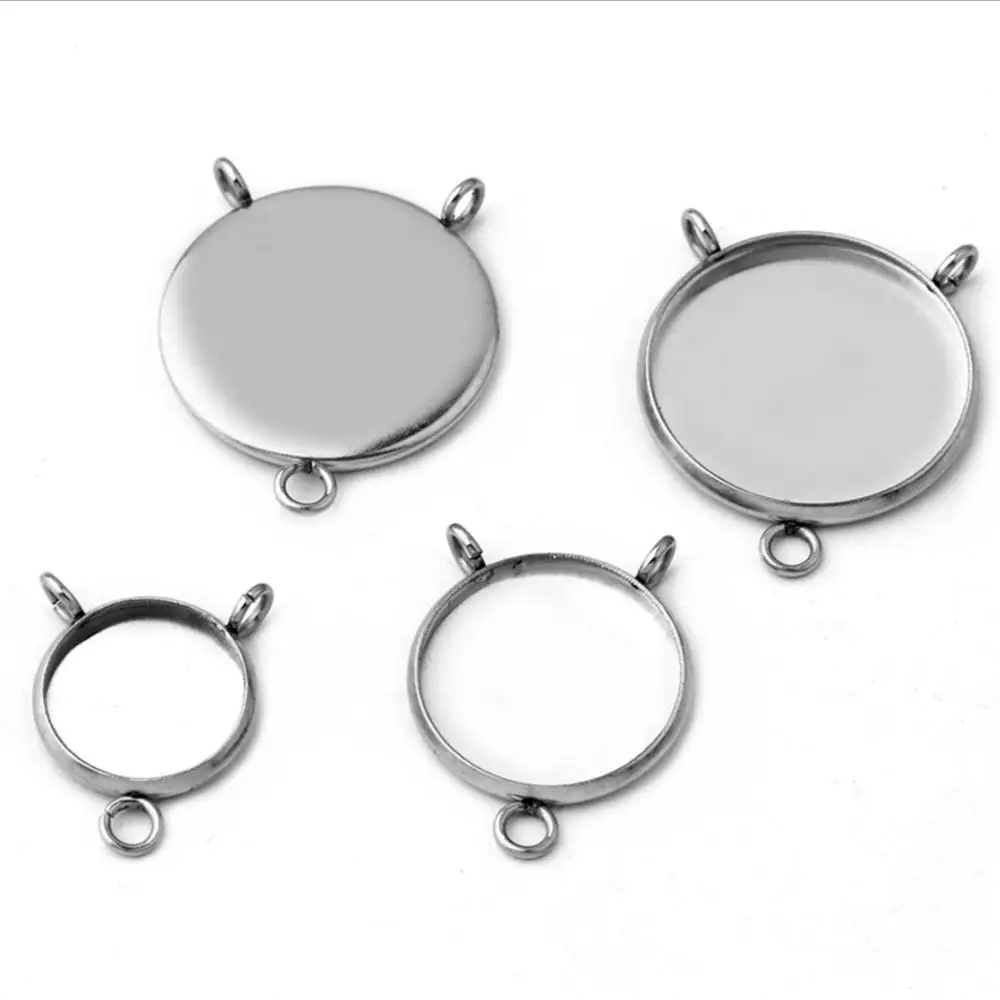 

REGELIN 20pcs/lot 8-25mm Stainless Steel Three Hole Pendant DIY Base Cabochon Settings Blank Tray For Cameo Jewerly Making