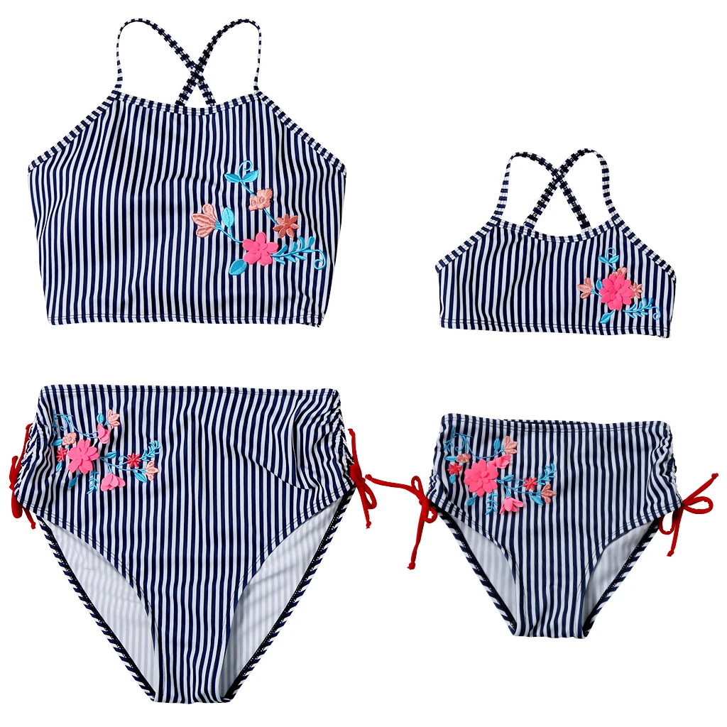 

2020 New Beachwear Mum and Me Bikini Flower Hand stitching Swimsuit Strip for Girl and Women Family Match Swimwear