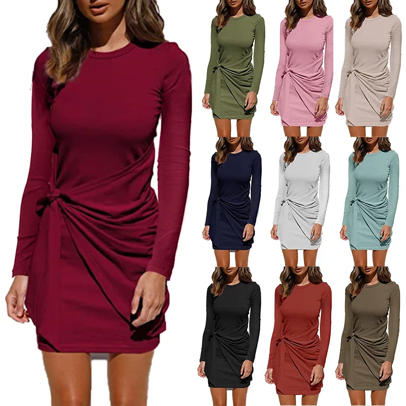 

Women's Autumn Simple Casual Pleated Tie Knotted Long Sleeve Dress