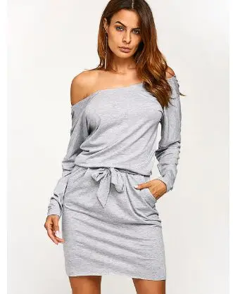 

streetwear slash neck solid woman dress above knee mini loose backless cold shoulder sashes sexy empire female dress