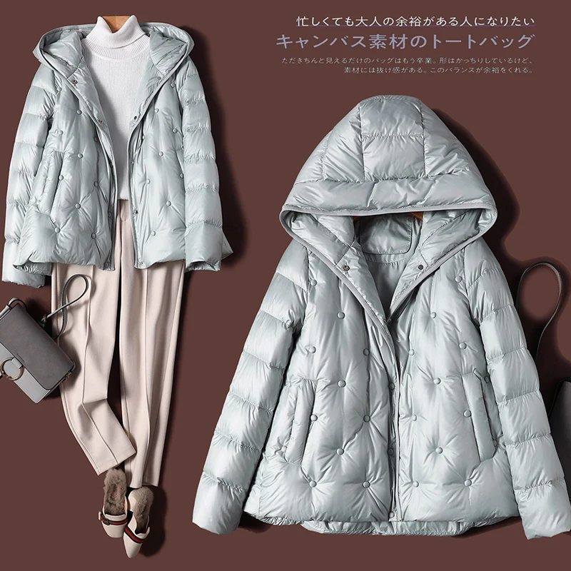 

SHUCHAN Winter Down Jacket Women Coat Warm Hooded Covered Button 90% White Duck Down 100g-150g Wide-waisted Appliques