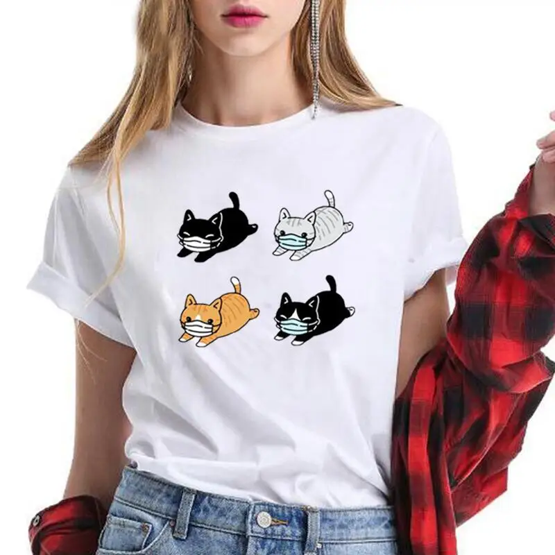 

Funny Short Sleeve T Shirt Women Tops Harajuku Shirt Summer Cartoon Print Tee Shirt Femme Cat Lovely Animal Loose Camiseta Mujer