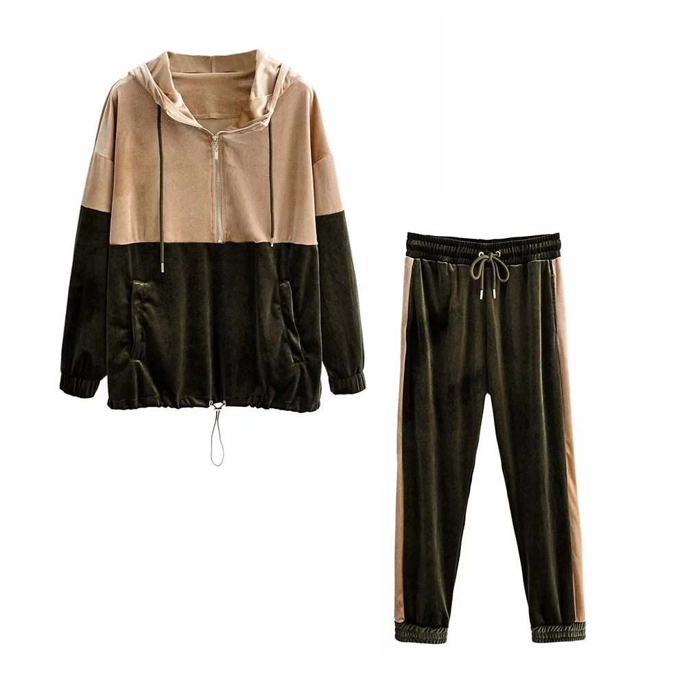 Женский комплект из двух предметов осенне зимний Бархатный с капюшоном джоггеры