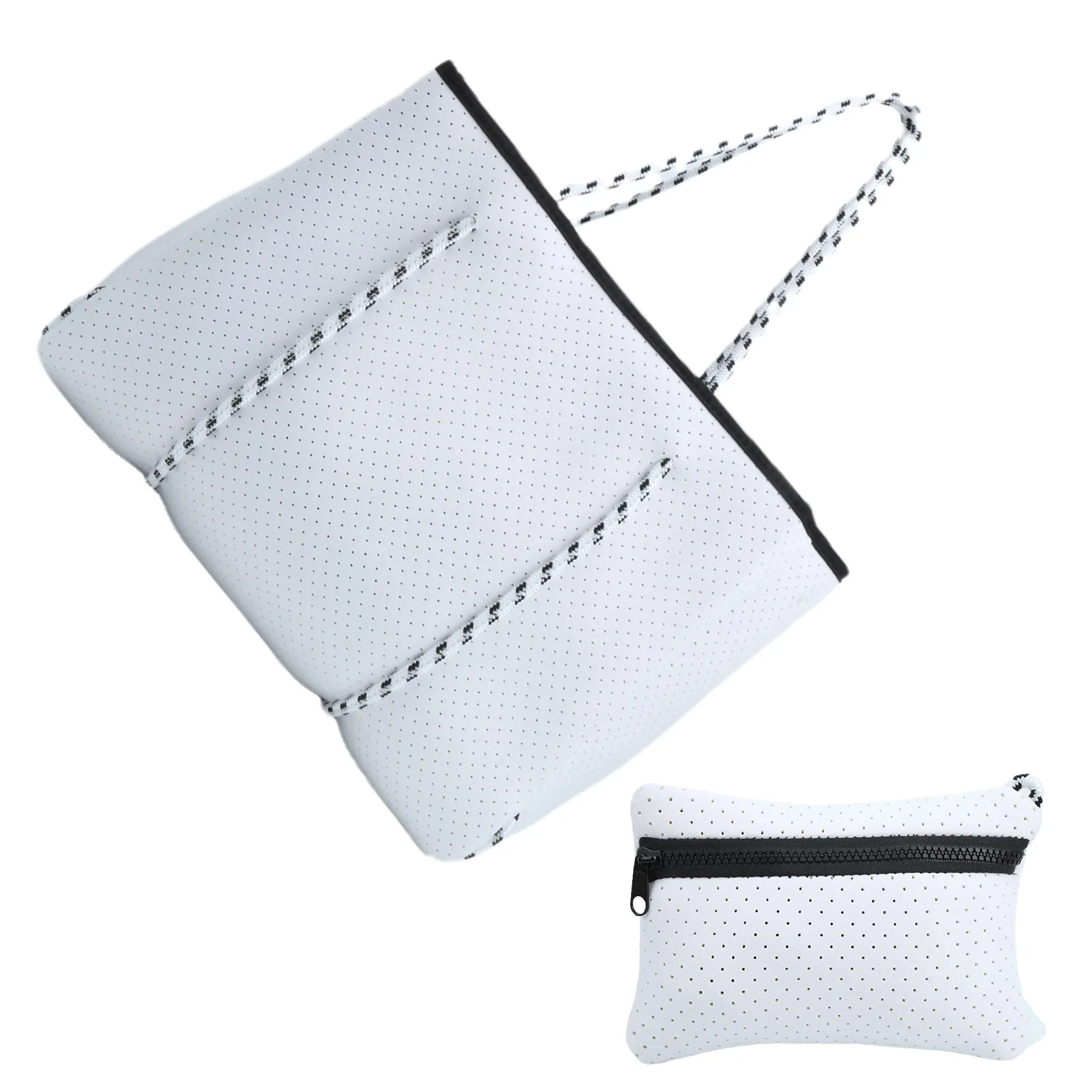 Outdoor Neoprene Perforated Beach Bag Large Capacity Casual Mommy Hand Strap Shopping Bag Water-Free Beach Bag White/Black